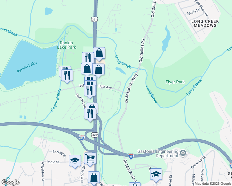 map of restaurants, bars, coffee shops, grocery stores, and more near 217 Bulb Avenue in Gastonia
