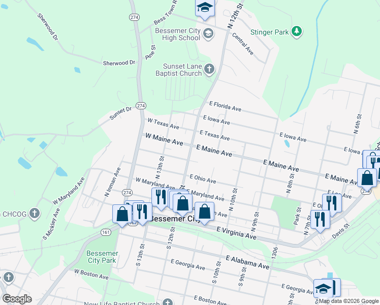 map of restaurants, bars, coffee shops, grocery stores, and more near 503 North 12th Street in Bessemer City