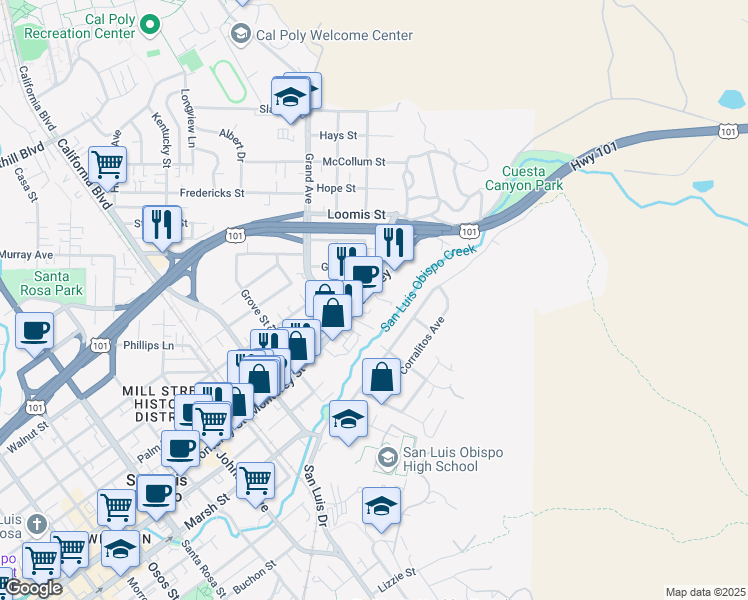 map of restaurants, bars, coffee shops, grocery stores, and more near 1845 Monterey Street in San Luis Obispo