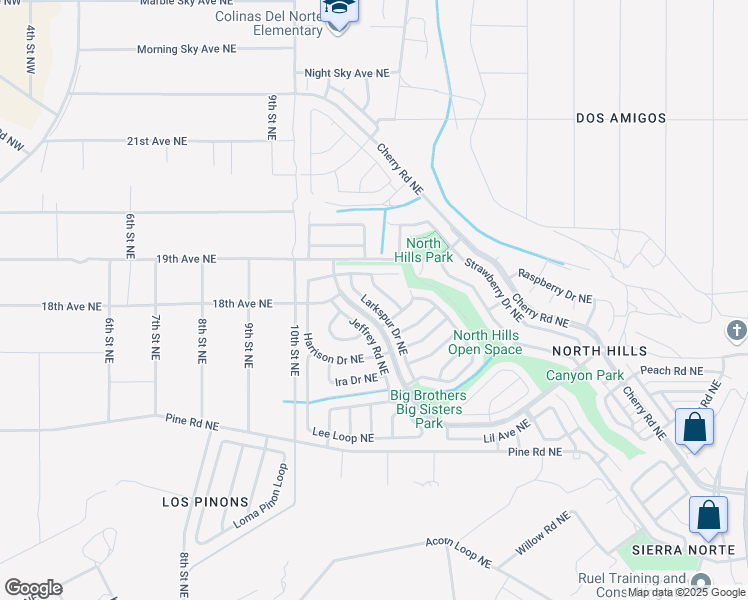 map of restaurants, bars, coffee shops, grocery stores, and more near 1656 Larkspur Drive Northeast in Rio Rancho
