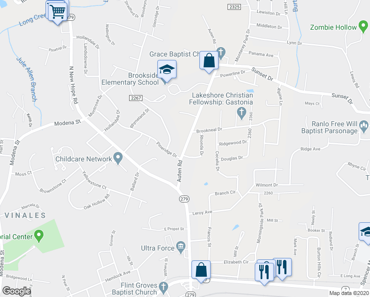 map of restaurants, bars, coffee shops, grocery stores, and more near 1608 Auten Road in Gastonia