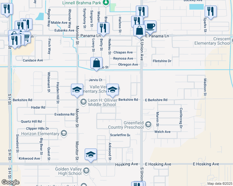 map of restaurants, bars, coffee shops, grocery stores, and more near 400 Berkshire Road in Bakersfield