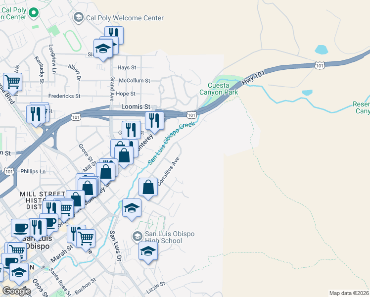 map of restaurants, bars, coffee shops, grocery stores, and more near 1987 Corralitos Avenue in San Luis Obispo