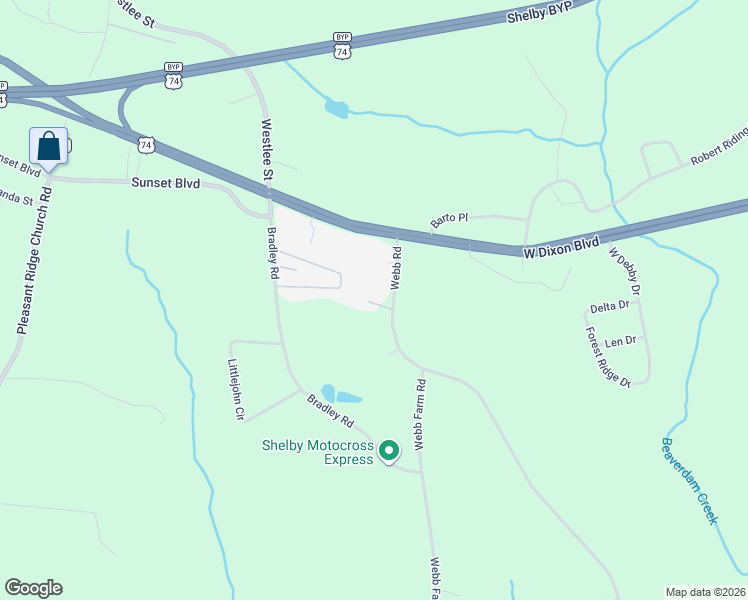 map of restaurants, bars, coffee shops, grocery stores, and more near 118 Webb Road in Shelby