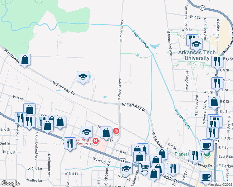 map of restaurants, bars, coffee shops, grocery stores, and more near 1011 North Phoenix Avenue in Russellville