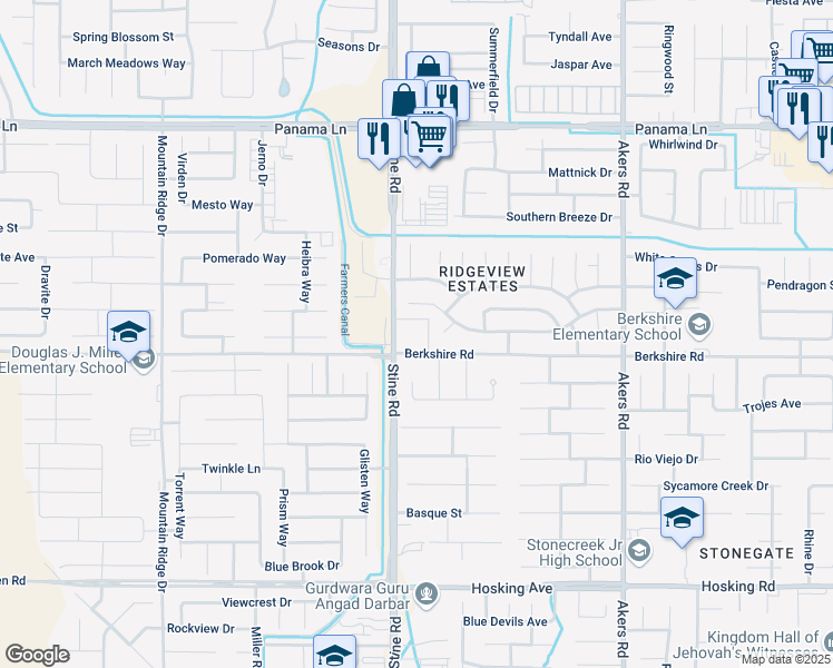 map of restaurants, bars, coffee shops, grocery stores, and more near 7246 Stine Road in Bakersfield