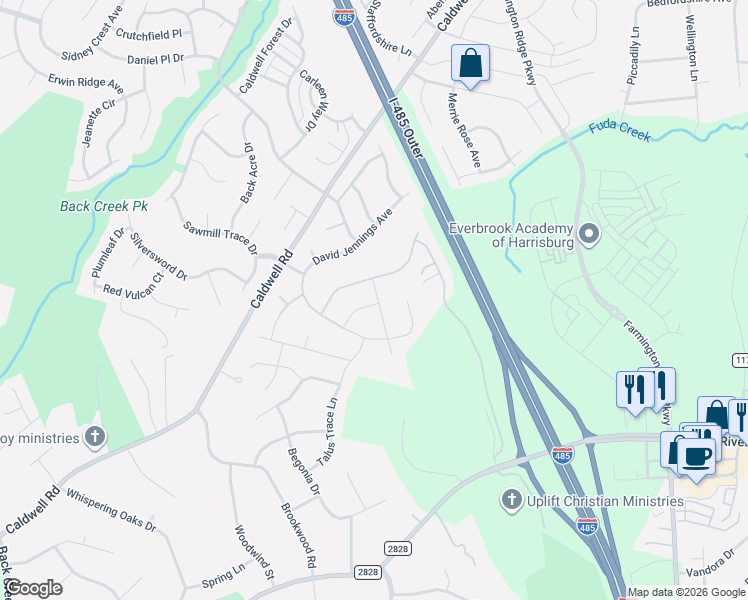 map of restaurants, bars, coffee shops, grocery stores, and more near 5703 Joshua Cain Road in Charlotte