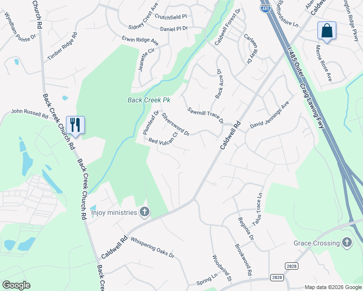 map of restaurants, bars, coffee shops, grocery stores, and more near 16635 Crimson Sargent Drive in Charlotte