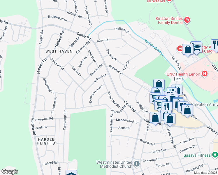 map of restaurants, bars, coffee shops, grocery stores, and more near 2401 Woodview Road in Kinston