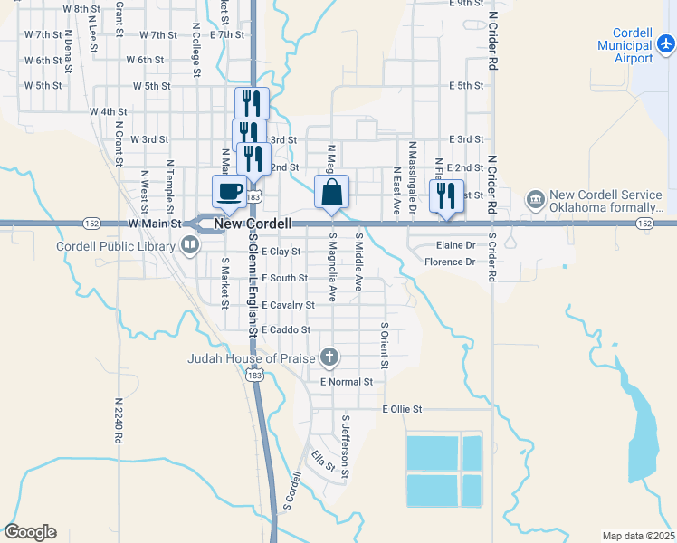 map of restaurants, bars, coffee shops, grocery stores, and more near 606 East South Street in New Cordell
