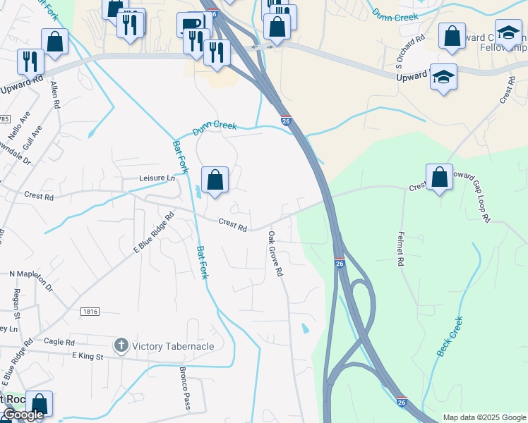 map of restaurants, bars, coffee shops, grocery stores, and more near 428 Crest Road in East Flat Rock