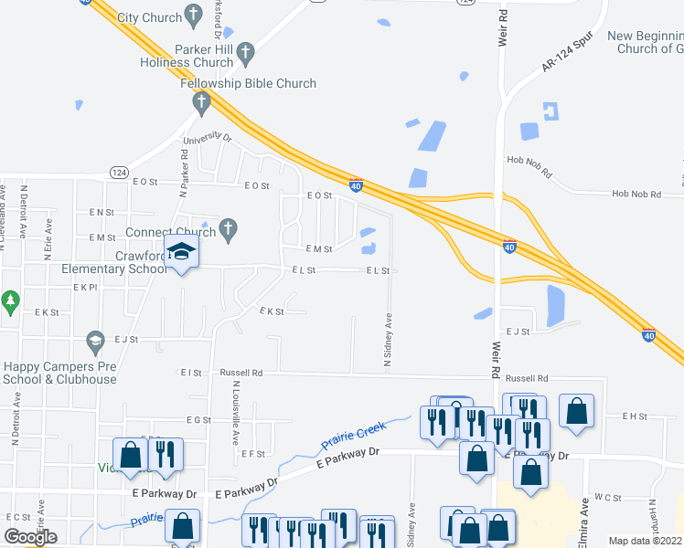 map of restaurants, bars, coffee shops, grocery stores, and more near 1608 East L Street in Russellville