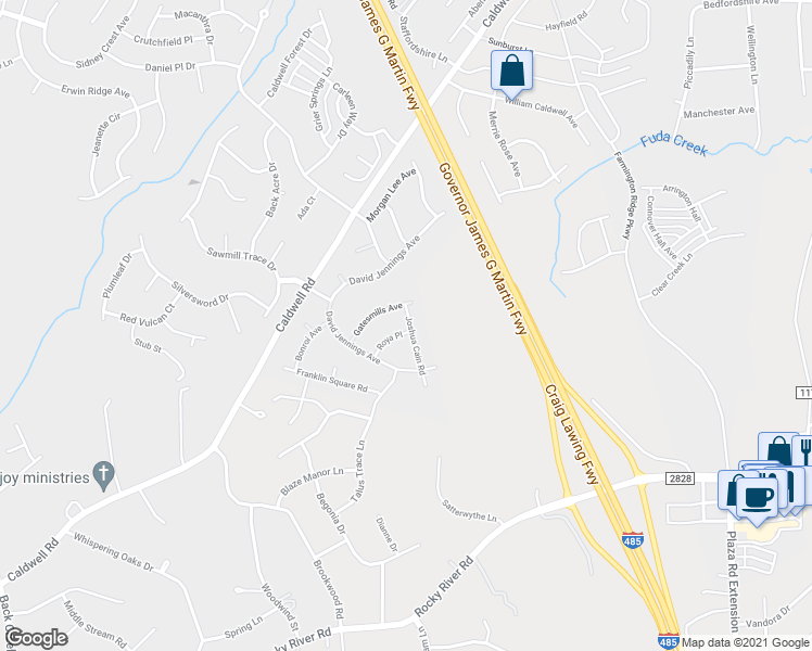 map of restaurants, bars, coffee shops, grocery stores, and more near 5703 Joshua Cain Road in Charlotte