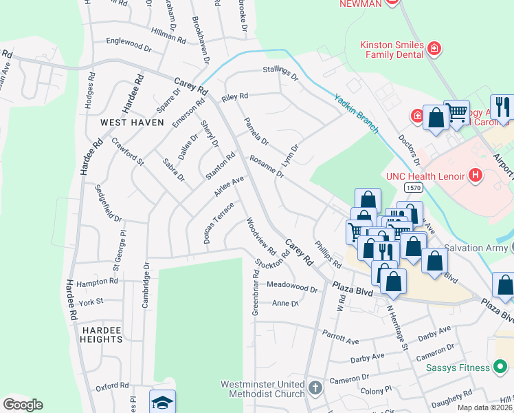 map of restaurants, bars, coffee shops, grocery stores, and more near 2401-2403 Woodview Road in Kinston