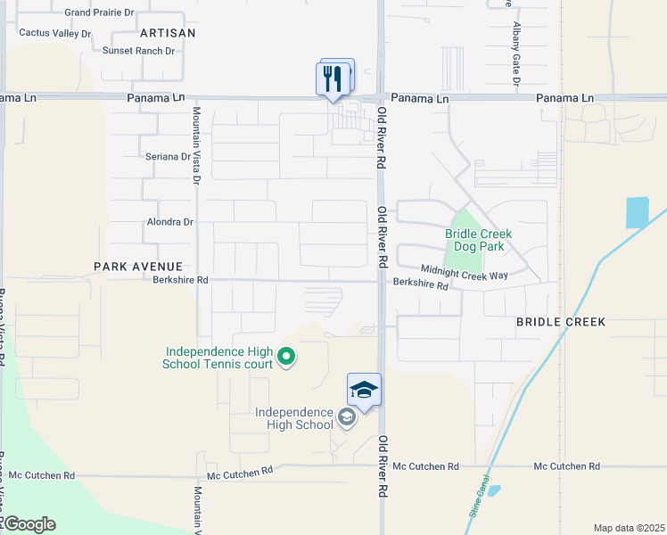 map of restaurants, bars, coffee shops, grocery stores, and more near 9900 Pocohontas Lane in Bakersfield