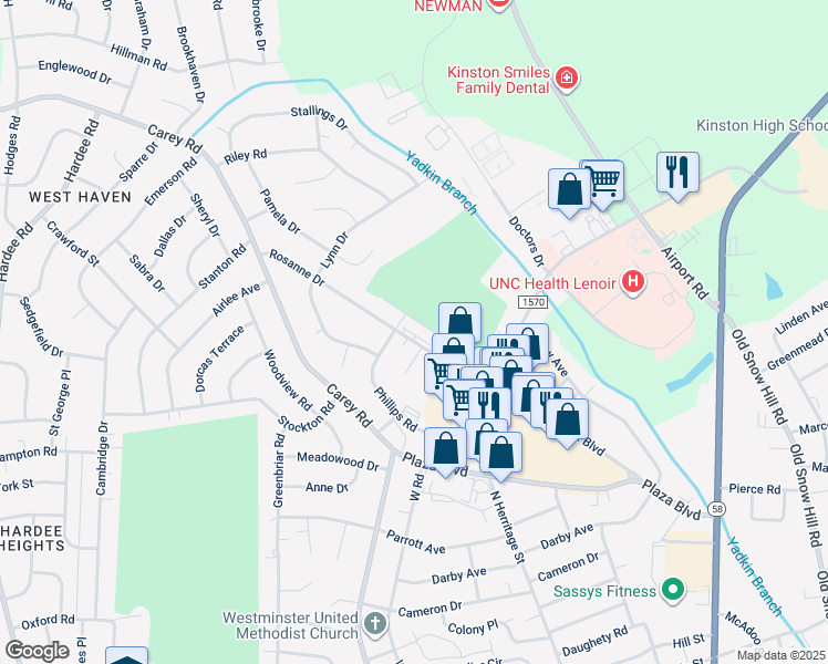 map of restaurants, bars, coffee shops, grocery stores, and more near 2212 Grady Street in Kinston