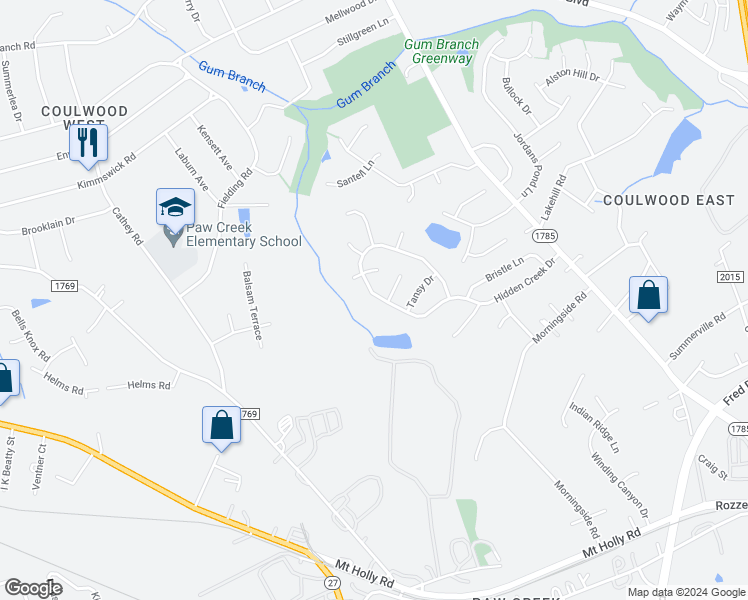 map of restaurants, bars, coffee shops, grocery stores, and more near 7337 Hidden Creek Drive in Charlotte