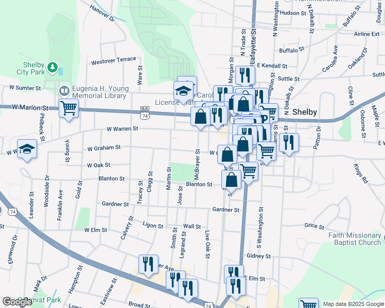 map of restaurants, bars, coffee shops, grocery stores, and more near 20 McBrayer Street in Shelby