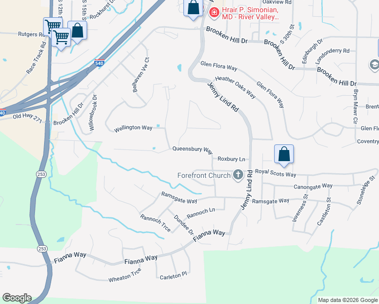 map of restaurants, bars, coffee shops, grocery stores, and more near 2216 Queensbury Way in Fort Smith
