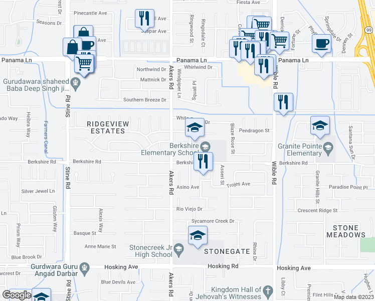 map of restaurants, bars, coffee shops, grocery stores, and more near 4000 Island Mist Court in Bakersfield