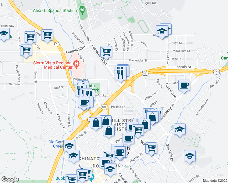 map of restaurants, bars, coffee shops, grocery stores, and more near 560 Hathway Avenue in San Luis Obispo