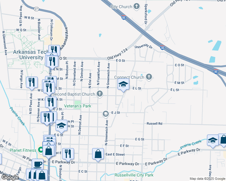 map of restaurants, bars, coffee shops, grocery stores, and more near 718 East K Place in Russellville