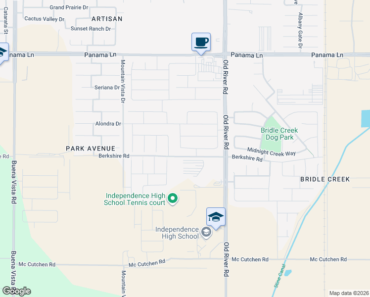 map of restaurants, bars, coffee shops, grocery stores, and more near 10009 Pocohontas Lane in Bakersfield