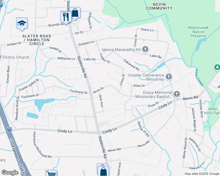 map of restaurants, bars, coffee shops, grocery stores, and more near 3508 Arvin Drive in Charlotte