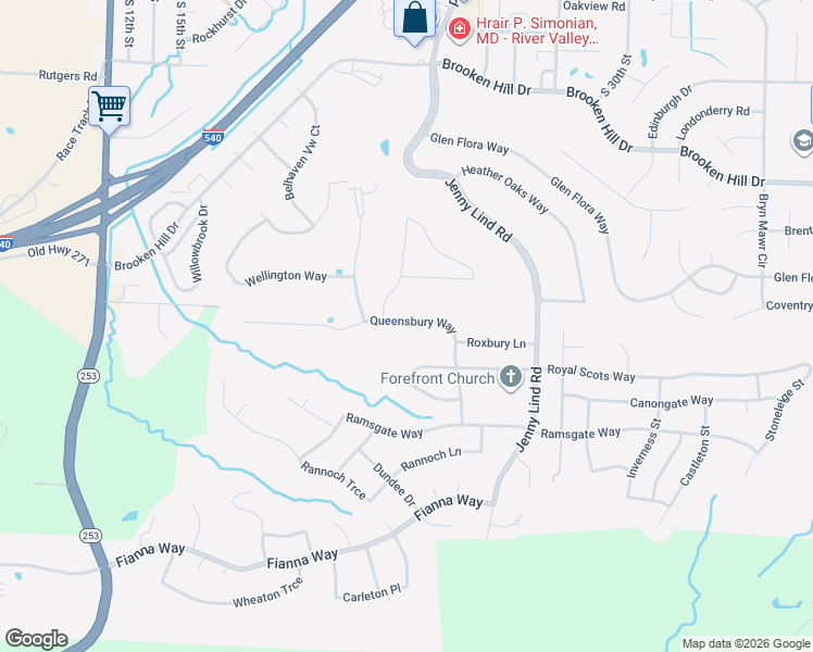 map of restaurants, bars, coffee shops, grocery stores, and more near 2216 Queensbury Way in Fort Smith