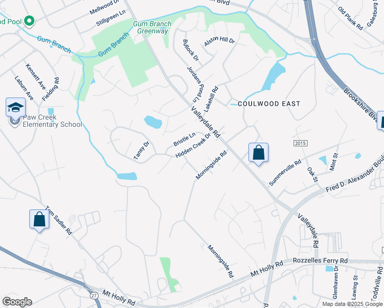 map of restaurants, bars, coffee shops, grocery stores, and more near 7029 Hidden Creek Drive in Charlotte