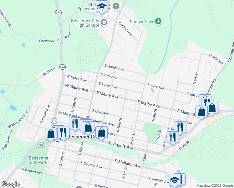 map of restaurants, bars, coffee shops, grocery stores, and more near 211 East Maine Avenue in Bessemer City