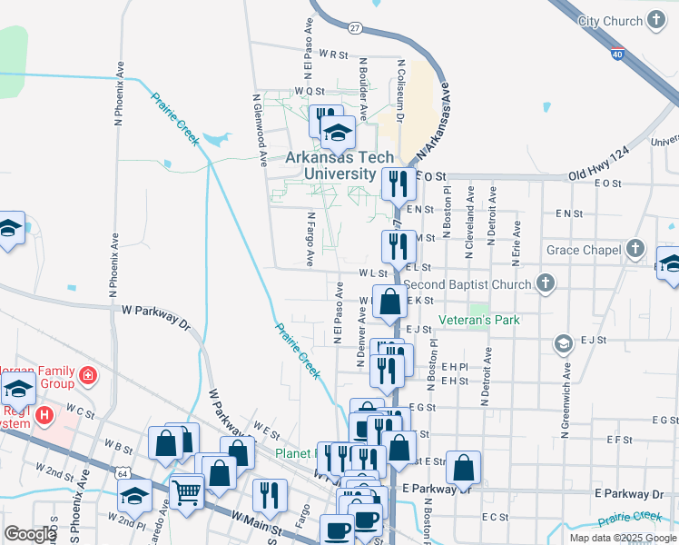 map of restaurants, bars, coffee shops, grocery stores, and more near North El Paso Avenue in Russellville
