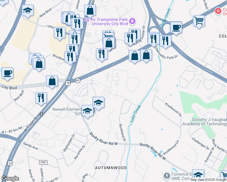 map of restaurants, bars, coffee shops, grocery stores, and more near 736 Brooke Nicole Place in Charlotte