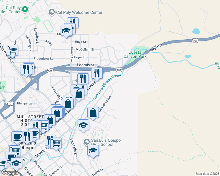 map of restaurants, bars, coffee shops, grocery stores, and more near 1987 Corralitos Avenue in San Luis Obispo