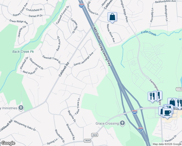 map of restaurants, bars, coffee shops, grocery stores, and more near 4734 Roya Place in Charlotte