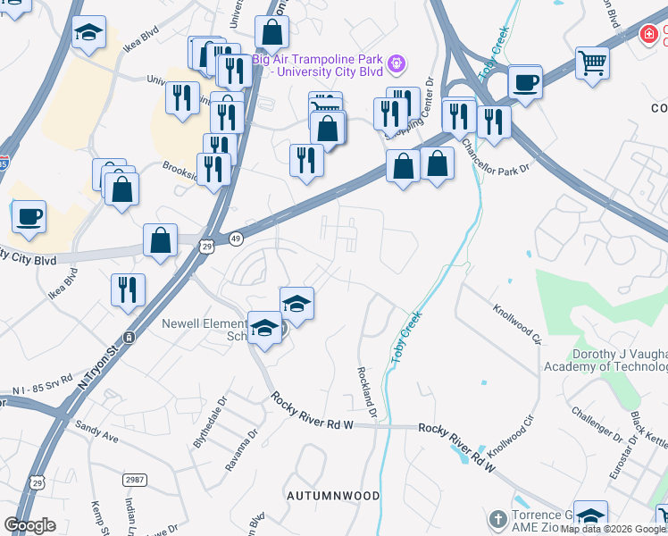 map of restaurants, bars, coffee shops, grocery stores, and more near 736 Brooke Nicole Place in Charlotte