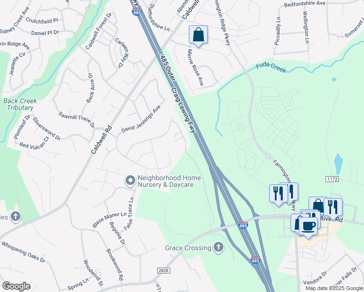 map of restaurants, bars, coffee shops, grocery stores, and more near 5602 Joshua Cain Road in Charlotte