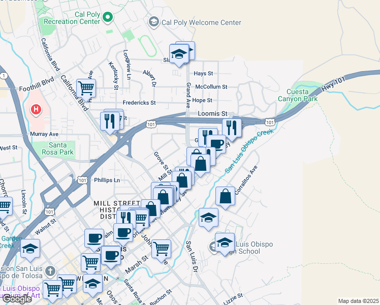 map of restaurants, bars, coffee shops, grocery stores, and more near 735 Grand Avenue in San Luis Obispo