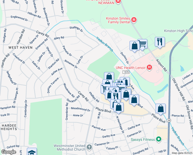 map of restaurants, bars, coffee shops, grocery stores, and more near 2212 Grady Street in Kinston