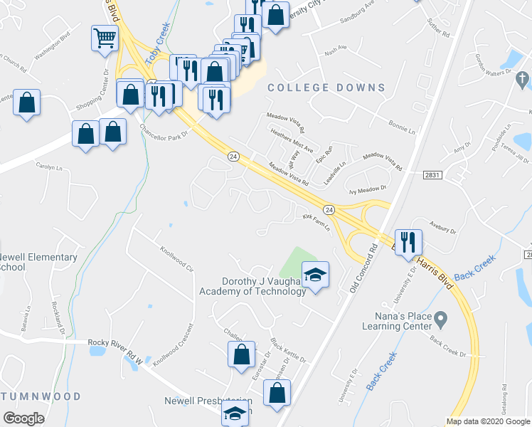 map of restaurants, bars, coffee shops, grocery stores, and more near 7914 University Ridge Drive in Charlotte