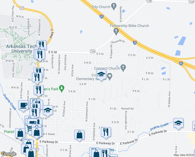 map of restaurants, bars, coffee shops, grocery stores, and more near 1109 East K Place in Russellville