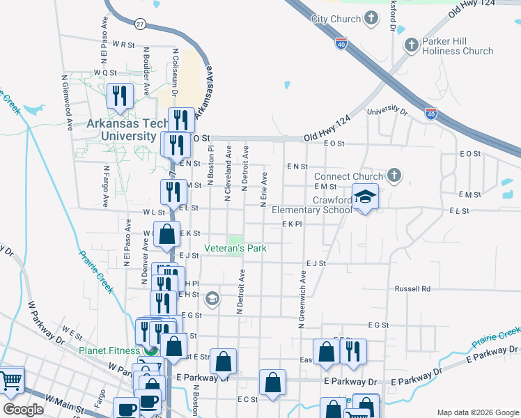 map of restaurants, bars, coffee shops, grocery stores, and more near 505 East K Place in Russellville