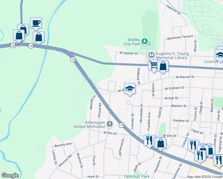 map of restaurants, bars, coffee shops, grocery stores, and more near 940 West Warren Street in Shelby