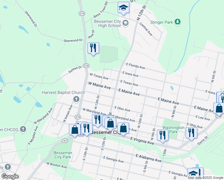 map of restaurants, bars, coffee shops, grocery stores, and more near 103 West Maine Avenue in Bessemer City