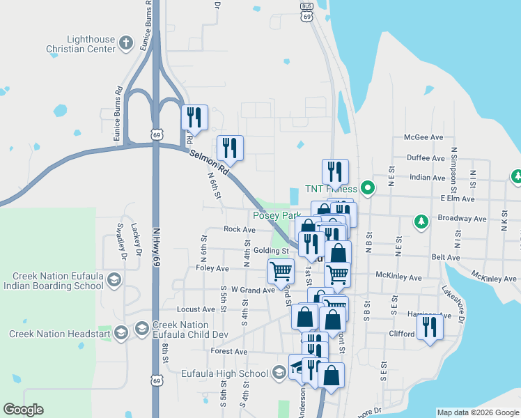 map of restaurants, bars, coffee shops, grocery stores, and more near North 3rd Street in Eufaula