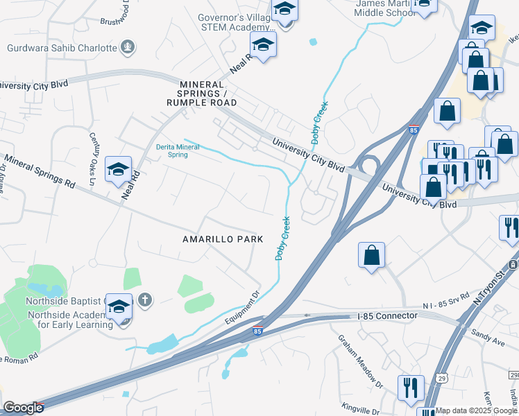 map of restaurants, bars, coffee shops, grocery stores, and more near 7226 Rocky Spring Court in Charlotte