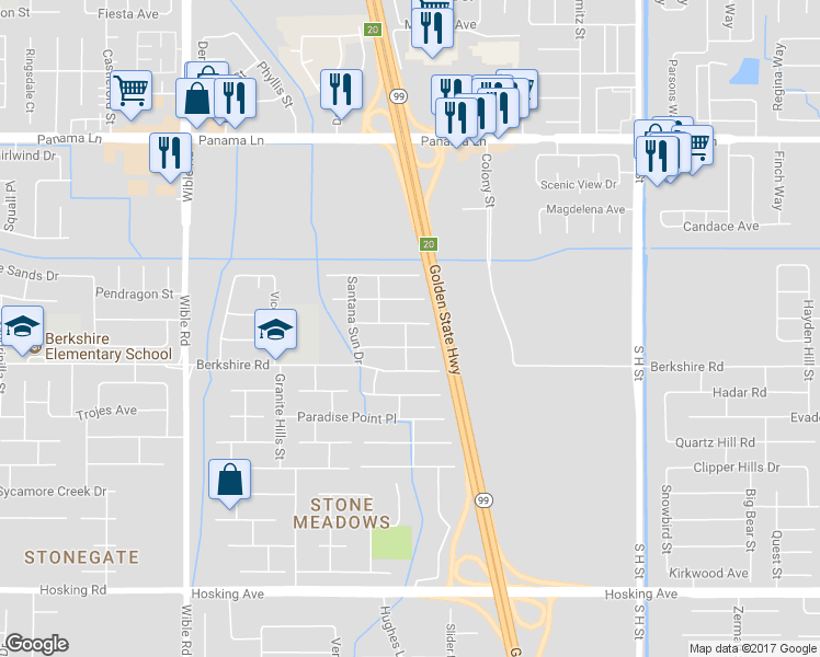 map of restaurants, bars, coffee shops, grocery stores, and more near 2403 Tropical Avenue in Bakersfield