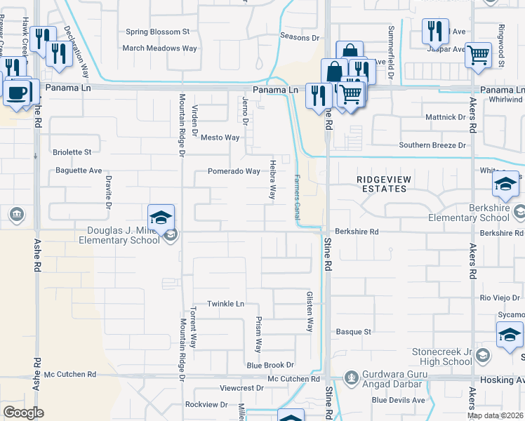 map of restaurants, bars, coffee shops, grocery stores, and more near 5215 Lomica Lane in Bakersfield