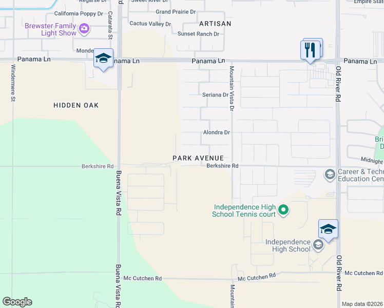 map of restaurants, bars, coffee shops, grocery stores, and more near 10824 Tamarron Drive in Bakersfield