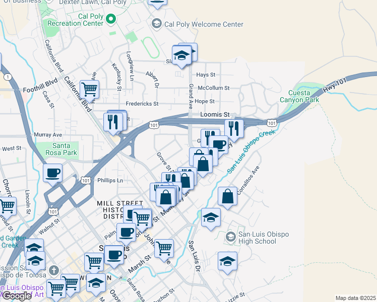 map of restaurants, bars, coffee shops, grocery stores, and more near 640 Park Street in San Luis Obispo